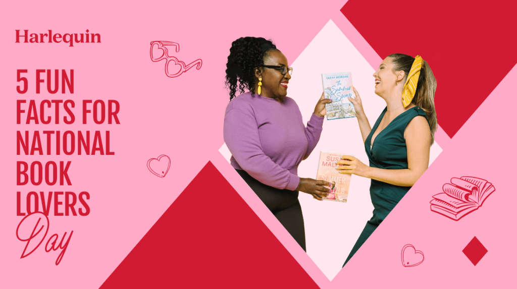 Blog featured image that reads "5 fun facts for national book lovers day." Next to the text are two women passing two books back and forth with big smiles. 